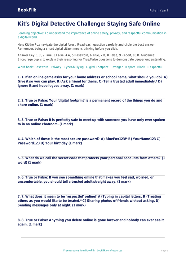 Free Online Safety Quiz | Year 4 Greater Depth | BookFlik worksheet preview — Pshe Online Safety