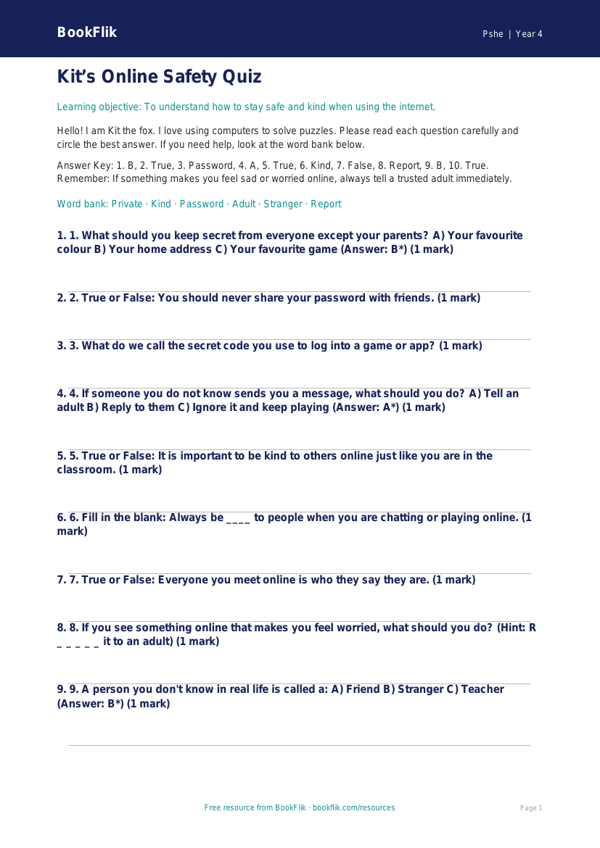 Free Online Safety Quiz | Year 4 Supported | BookFlik worksheet preview — Pshe Online Safety