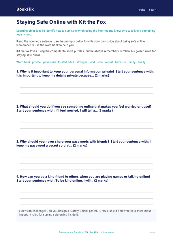 Free Online Safety Writing Frame | Year 4 Supported | BookFlik worksheet preview — Pshe Online Safety