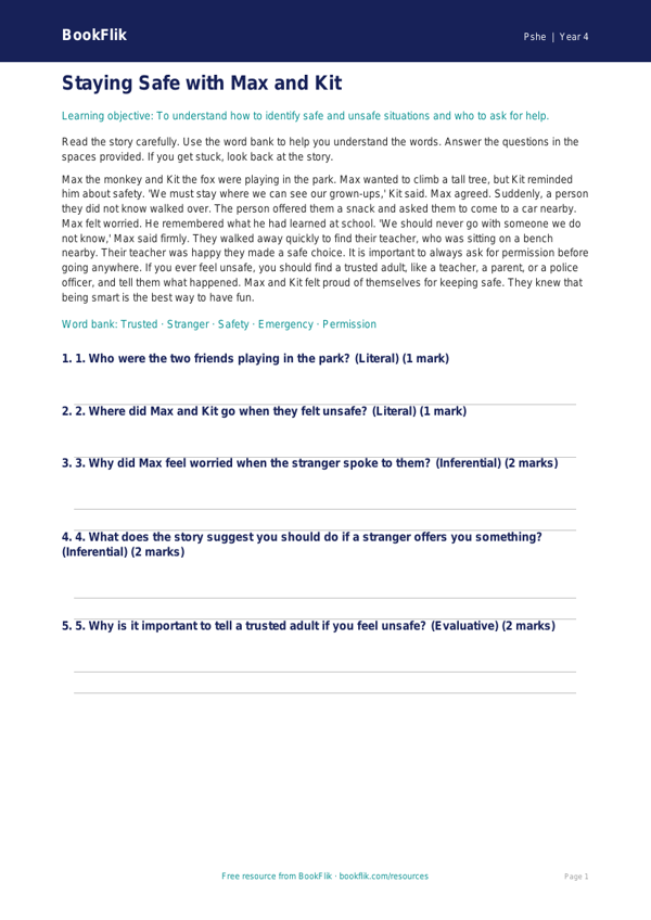 Free Personal Safety Comprehension | Year 4 Supported | BookFlik worksheet preview — Pshe Personal Safety