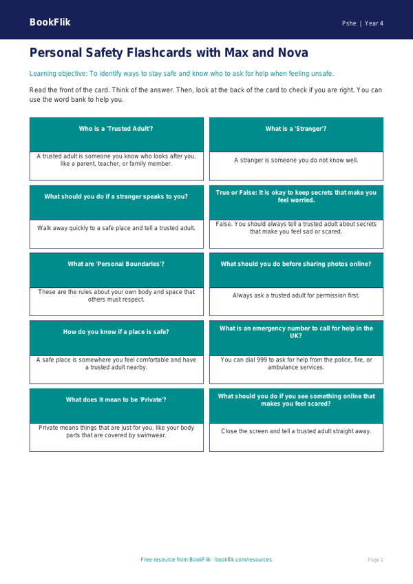Free Personal Safety Flashcards | Year 4 Supported | BookFlik worksheet preview — Pshe Personal Safety