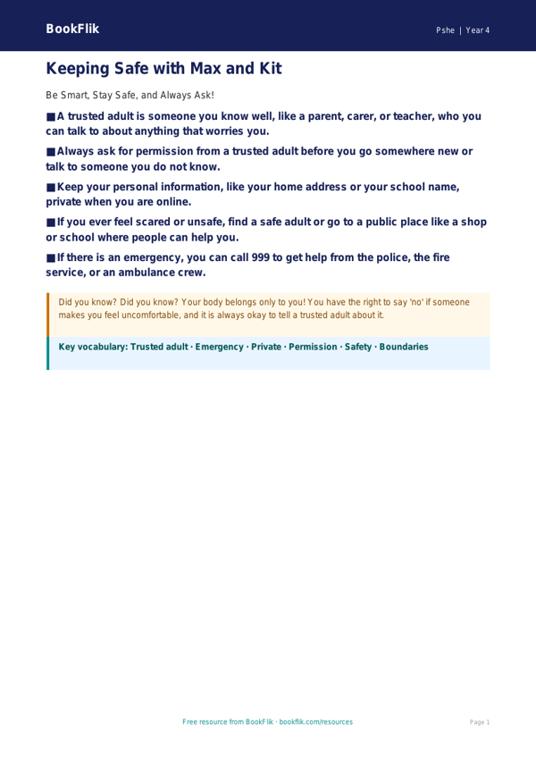 Free Personal Safety Poster | Year 4 Supported | BookFlik worksheet preview — Pshe Personal Safety