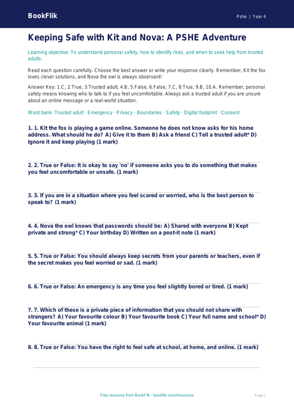 Free Personal Safety Quiz | Year 4 Greater Depth | BookFlik worksheet preview — Pshe Personal Safety