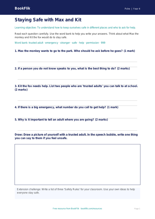 Free Personal Safety Worksheet | Year 4 Supported | BookFlik worksheet preview — Pshe Personal Safety