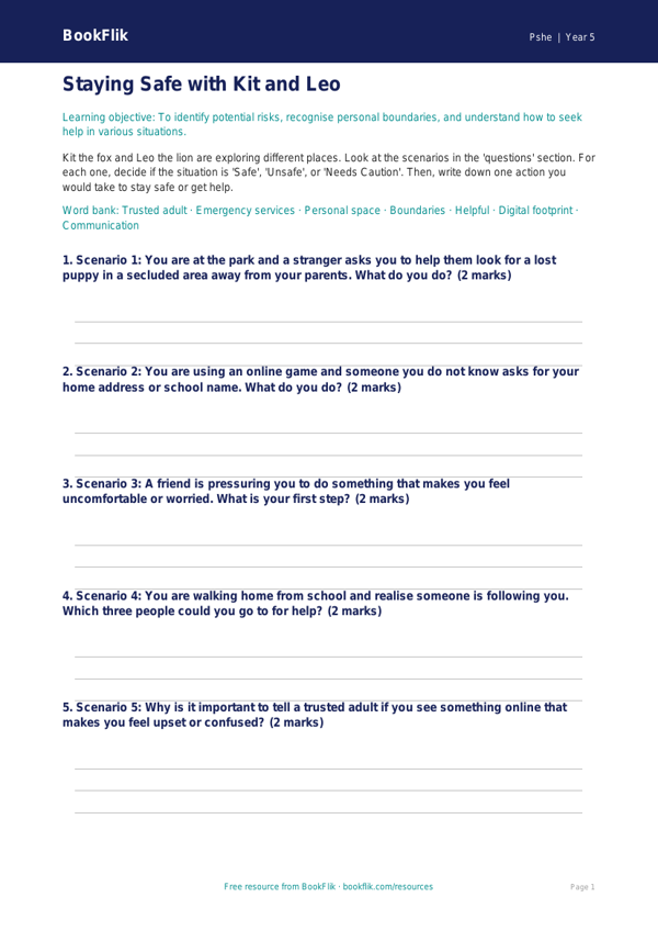 Free Personal Safety Activity Sheet | Year 5 Core | BookFlik worksheet preview — Pshe Personal Safety