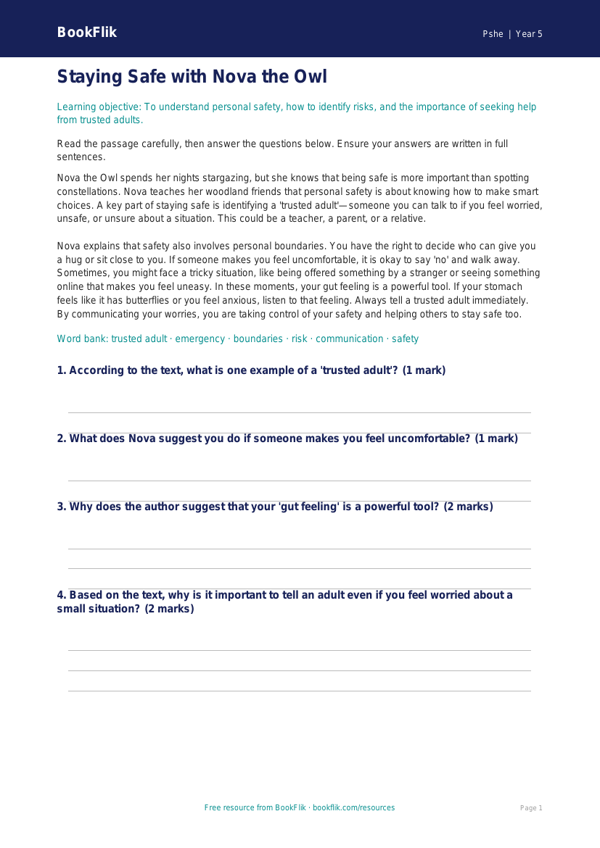 Free Personal Safety Comprehension | Year 5 Core | BookFlik worksheet preview — Pshe Personal Safety