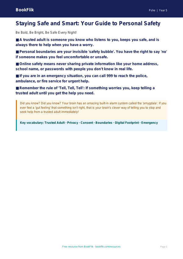 Free Personal Safety Poster | Year 5 Core | BookFlik worksheet preview — Pshe Personal Safety