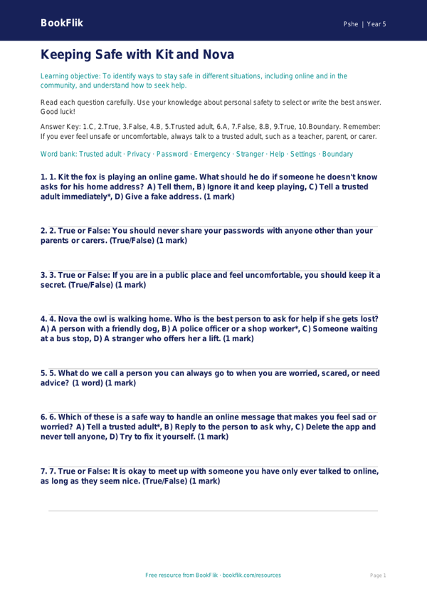 Free Personal Safety Quiz | Year 5 Core | BookFlik worksheet preview — Pshe Personal Safety