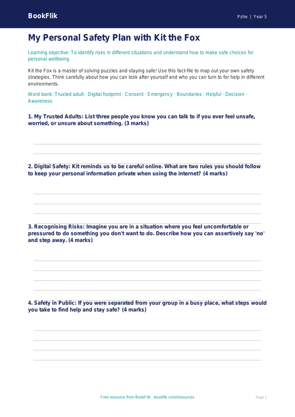 Free Personal Safety Template | Year 5 Core | BookFlik worksheet preview — Pshe Personal Safety