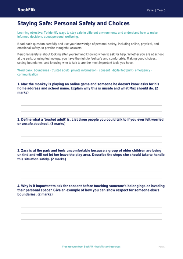Free Personal Safety Worksheet | Year 5 Core | BookFlik worksheet preview — Pshe Personal Safety