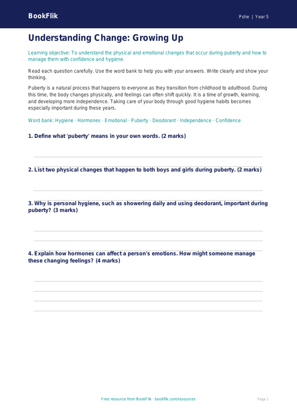 Free Puberty Assessment | Year 5 Core | BookFlik worksheet preview — Pshe Puberty