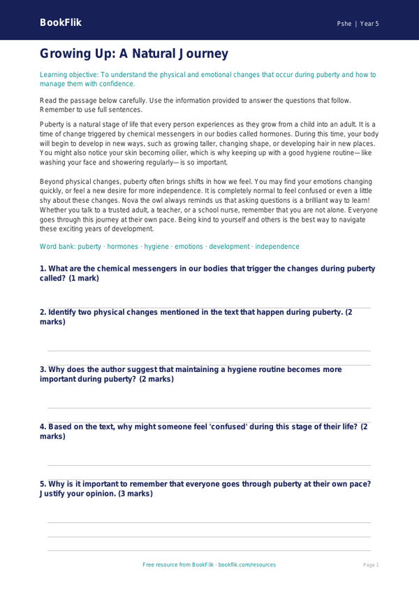 Free Puberty Comprehension | Year 5 Core | BookFlik worksheet preview — Pshe Puberty