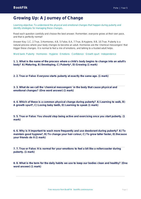 Free Puberty Quiz | Year 5 Core | BookFlik worksheet preview — Pshe Puberty