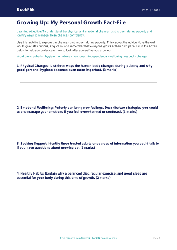 Free Puberty Worksheet for Year 5 | Educational Template | BookFlik worksheet preview — Pshe Puberty