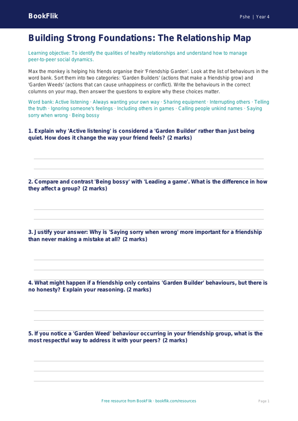 Free Relationships Activity Sheet | Year 4 Greater Depth | BookFlik worksheet preview — Pshe Relationships