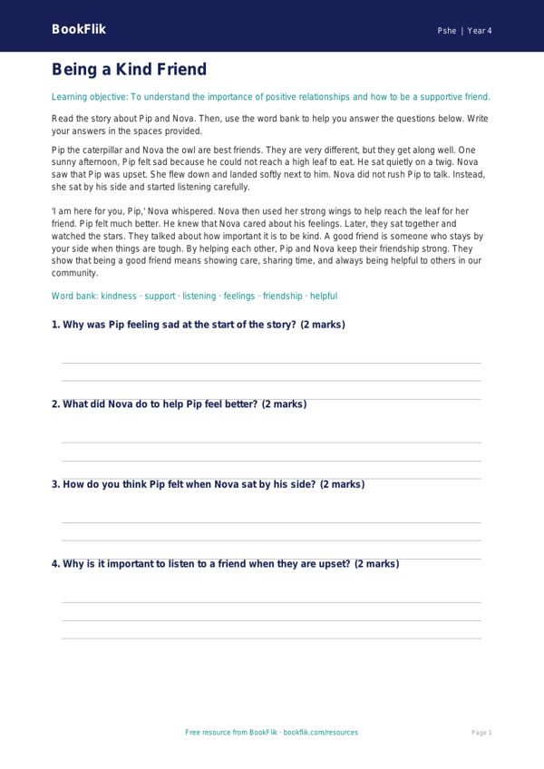 Free Relationships Comprehension | Year 4 Supported | BookFlik worksheet preview — Pshe Relationships