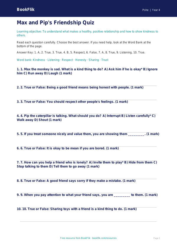 Free Relationships Quiz | Year 4 Supported | BookFlik worksheet preview — Pshe Relationships