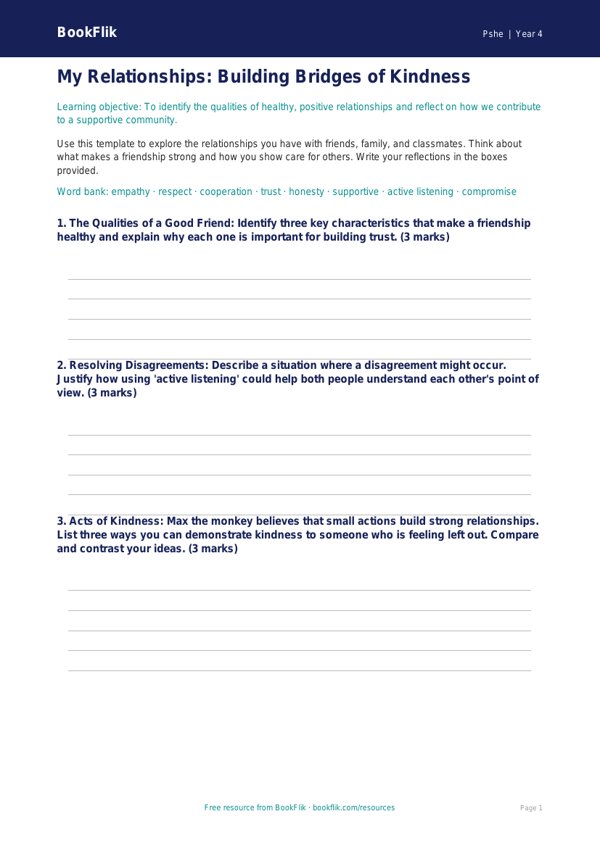 Free Relationships Template | Year 4 Greater Depth | BookFlik worksheet preview — Pshe Relationships