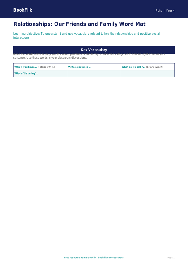 Free Relationships Word Mat | Year 4 Supported | BookFlik worksheet preview — Pshe Relationships