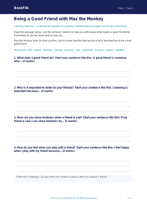 Free Relationships Writing Frame | Year 4 Supported | BookFlik worksheet preview — Pshe Relationships