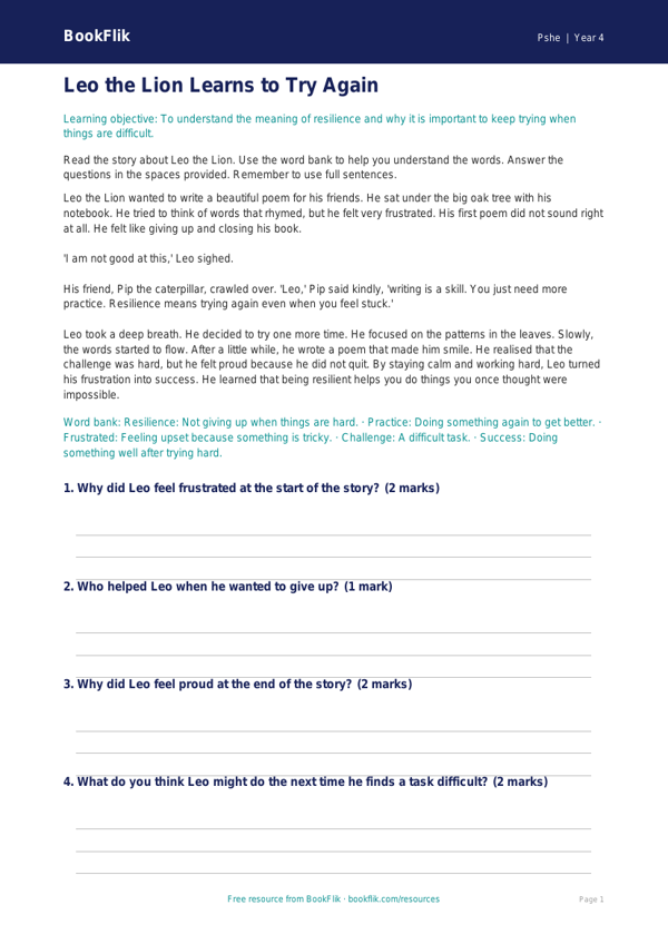 Free Resilience Comprehension | Year 4 Supported | BookFlik worksheet preview — Pshe Resilience