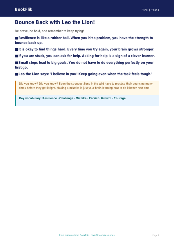 Free Resilience Poster | Year 4 Supported | BookFlik worksheet preview — Pshe Resilience