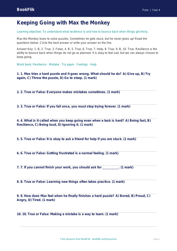 Free Resilience Quiz | Year 4 Supported | BookFlik worksheet preview — Pshe Resilience