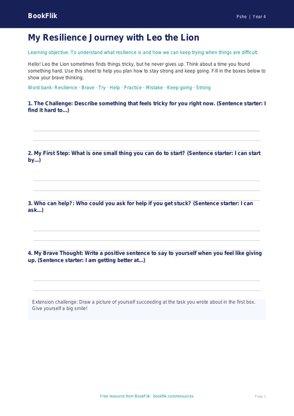 Free Resilience Template | Year 4 Supported | BookFlik worksheet preview — Pshe Resilience