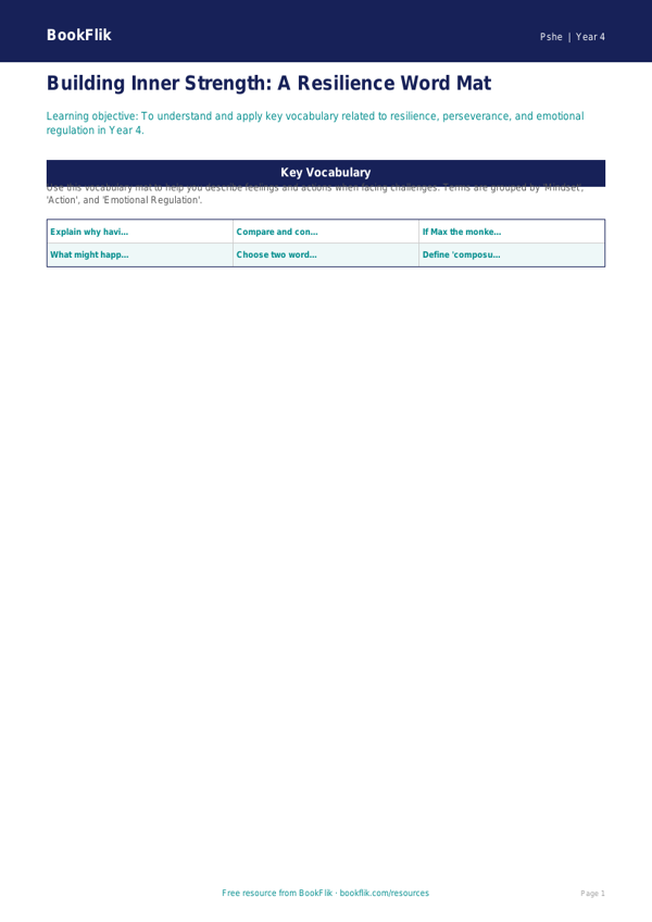 Free Resilience Word Mat | Year 4 Greater Depth | BookFlik worksheet preview — Pshe Resilience