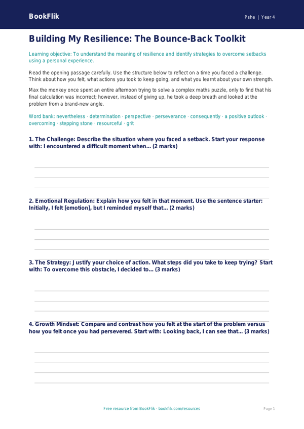 Free Resilience Writing Frame | Year 4 Greater Depth | BookFlik worksheet preview — Pshe Resilience