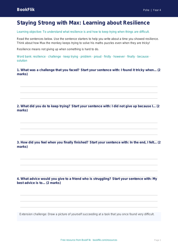 Free Resilience Writing Frame | Year 4 Supported | BookFlik worksheet preview — Pshe Resilience