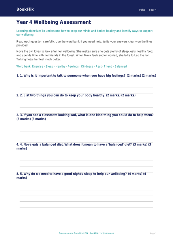Free Wellbeing Assessment | Year 4 Supported | BookFlik worksheet preview — Pshe Wellbeing