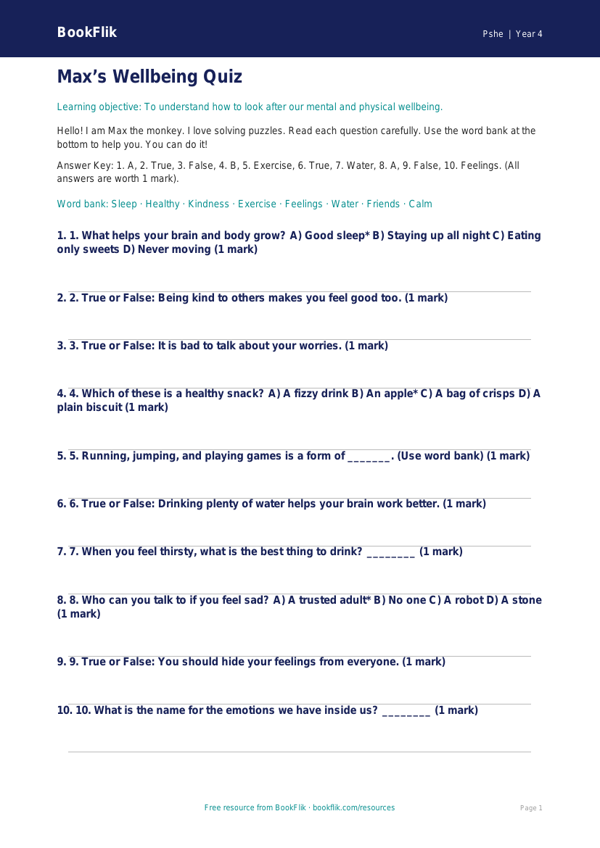 Free Wellbeing Quiz | Year 4 Supported | BookFlik worksheet preview — Pshe Wellbeing
