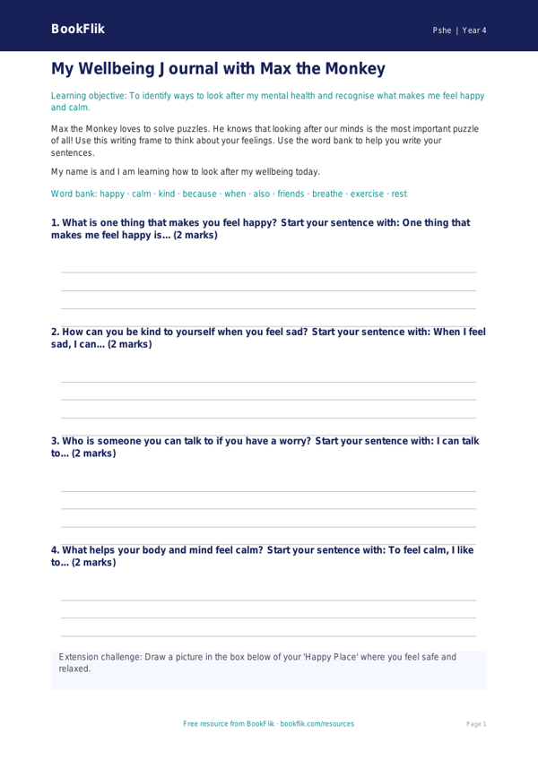 Free Wellbeing Writing Frame | Year 4 Supported | BookFlik worksheet preview — Pshe Wellbeing