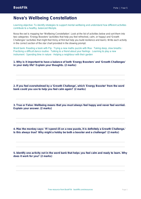 Free Wellbeing Activity Sheet | Year 5 Core | BookFlik worksheet preview — Pshe Wellbeing