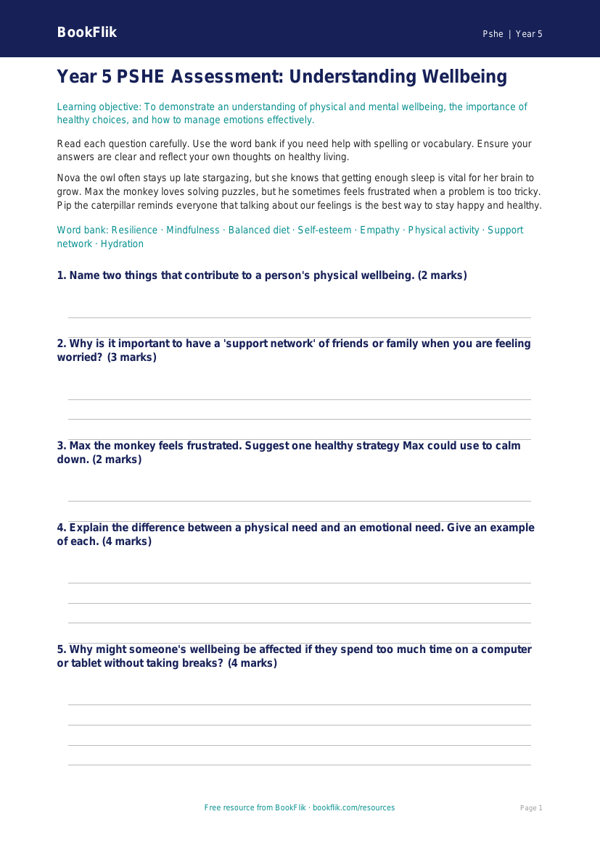 Free Wellbeing Assessment | Year 5 Core | BookFlik worksheet preview — Pshe Wellbeing