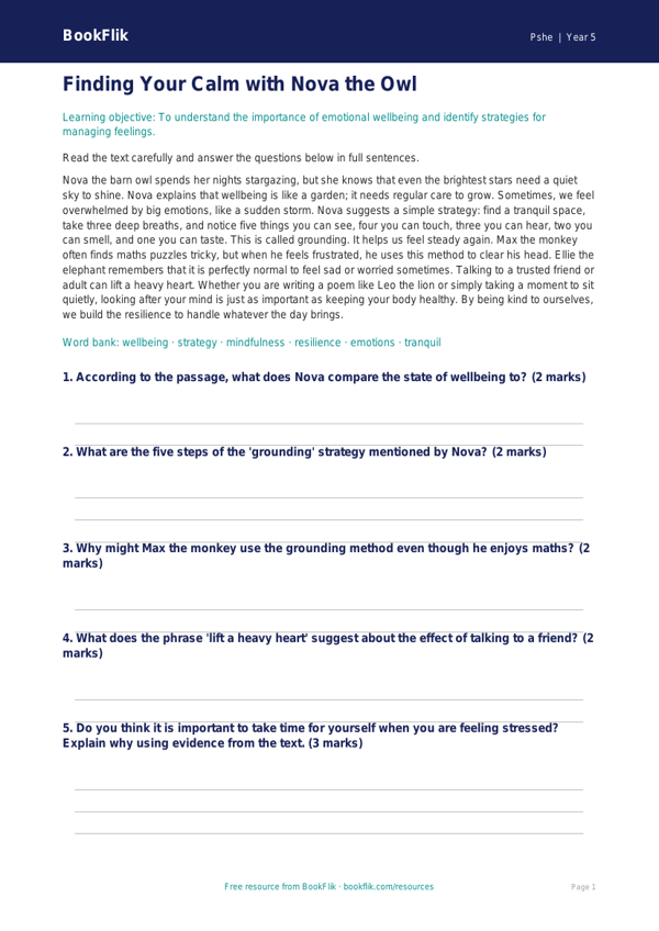 Free Wellbeing Comprehension | Year 5 Core | BookFlik worksheet preview — Pshe Wellbeing