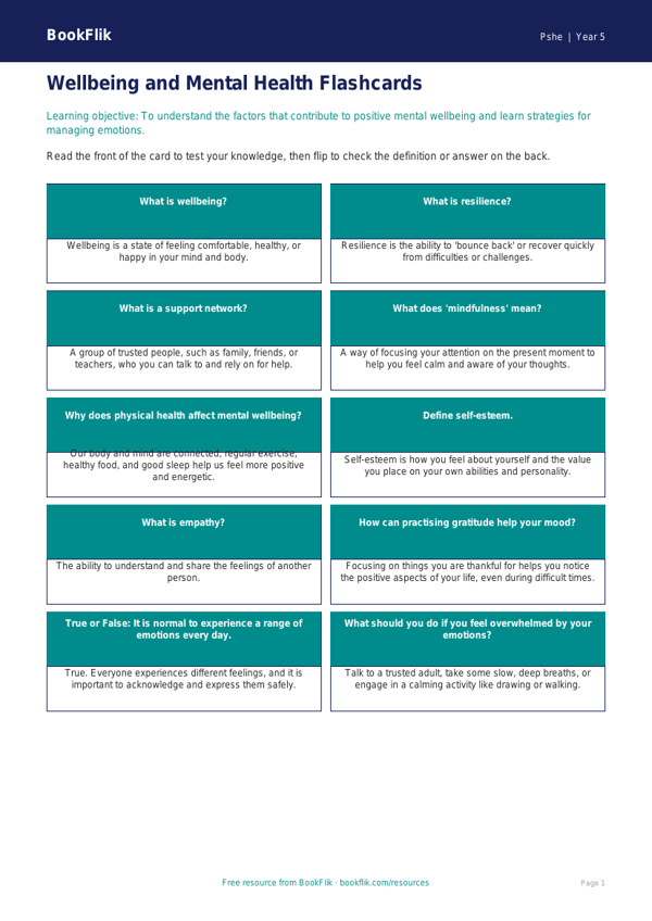 Free Wellbeing Flashcards | Year 5 Core | BookFlik worksheet preview — Pshe Wellbeing