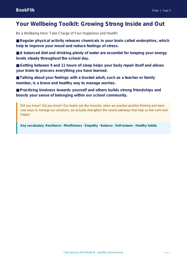 Free Wellbeing Poster | Year 5 Core | BookFlik worksheet preview — Pshe Wellbeing