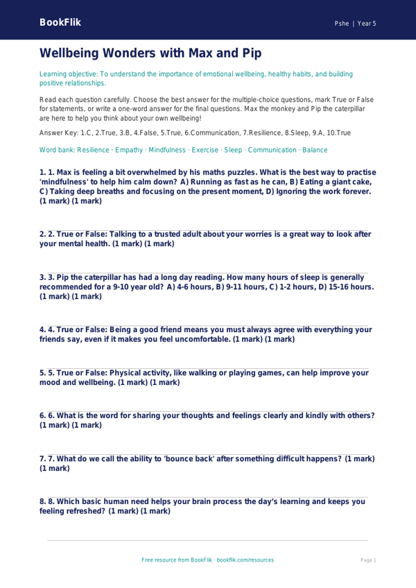Free Wellbeing Quiz | Year 5 Core | BookFlik worksheet preview — Pshe Wellbeing