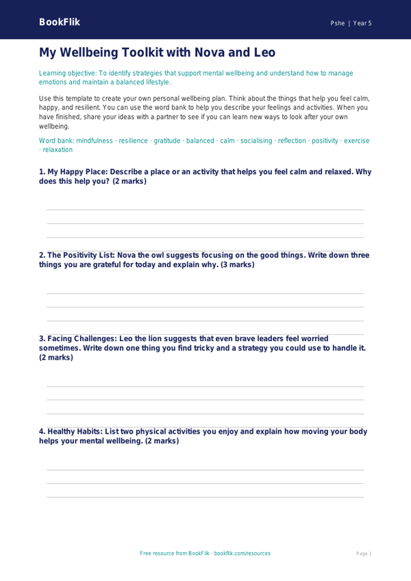Free Wellbeing Template | Year 5 Core | BookFlik worksheet preview — Pshe Wellbeing