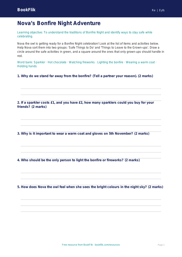 Free Bonfire Night Activity Sheet | EYFS Core | BookFlik worksheet preview — Re Bonfire Night