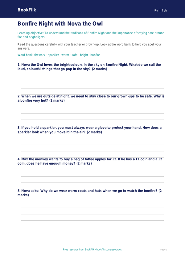 Free Bonfire Night Worksheet | EYFS Core | BookFlik worksheet preview — Re Bonfire Night