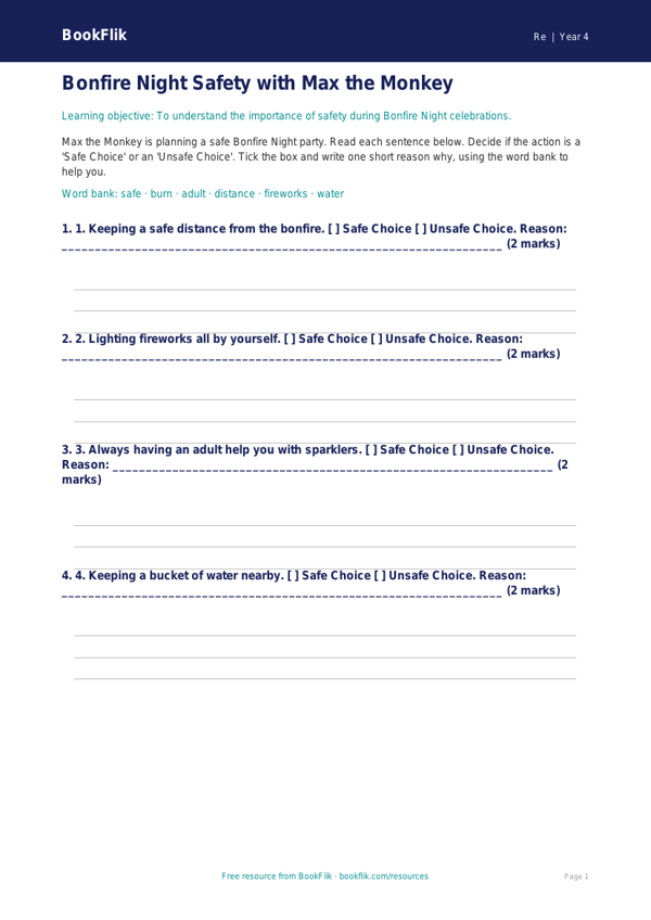 Free Bonfire Night Activity Sheet | Year 4 Supported | BookFlik worksheet preview — Re Bonfire Night