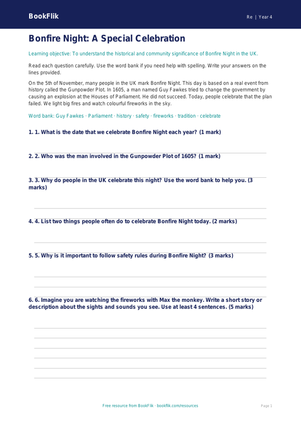 Free Bonfire Night Assessment | Year 4 Supported | BookFlik worksheet preview — Re Bonfire Night