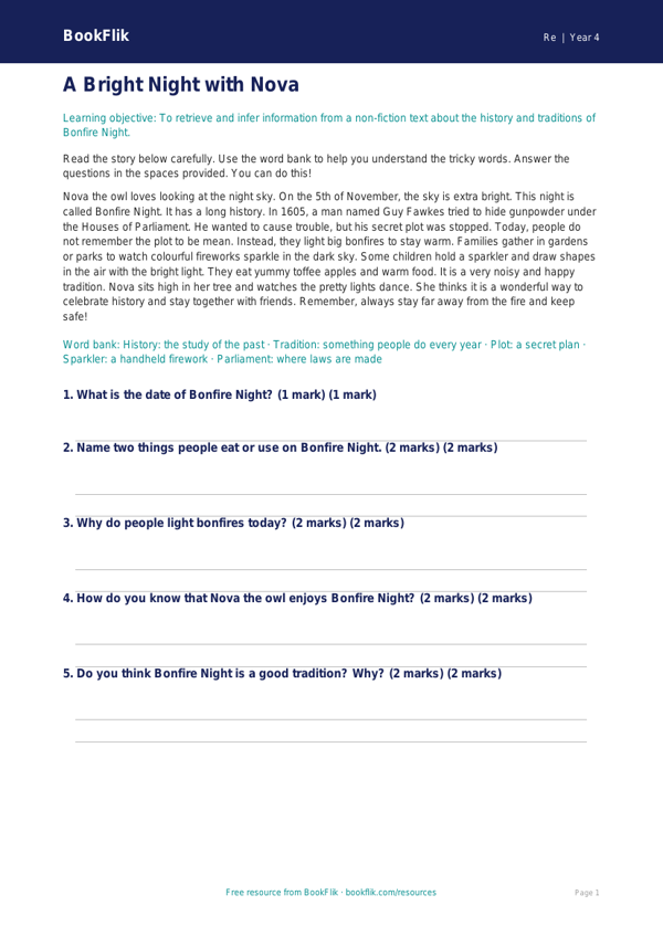 Free Bonfire Night Comprehension | Year 4 Supported | BookFlik worksheet preview — Re Bonfire Night