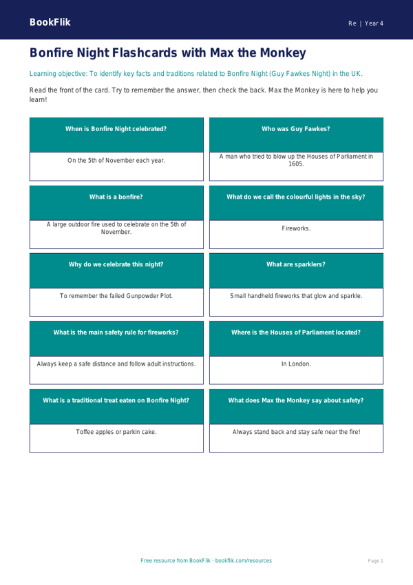 Free Bonfire Night Flashcards | Year 4 Supported | BookFlik worksheet preview — Re Bonfire Night