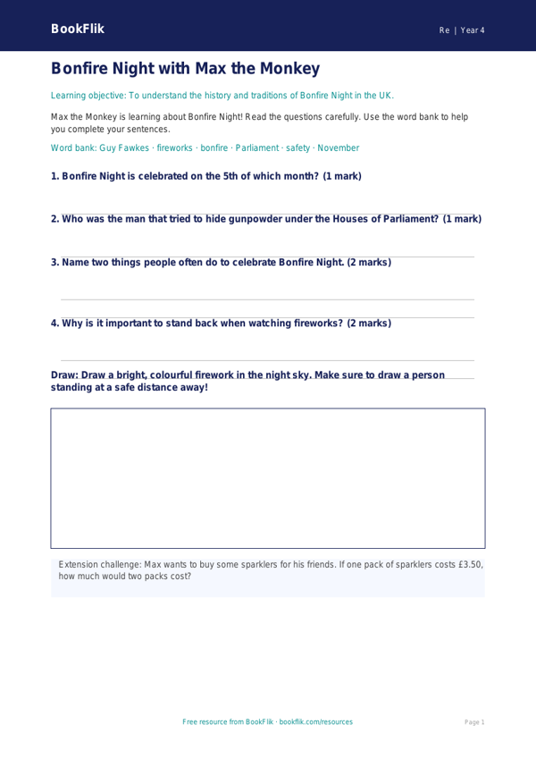 Free Bonfire Night Worksheet | Year 4 Supported | BookFlik worksheet preview — Re Bonfire Night