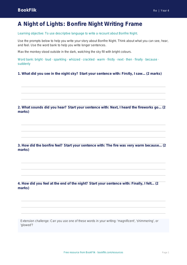 Free Bonfire Night Writing Frame | Year 4 Supported | BookFlik worksheet preview — Re Bonfire Night