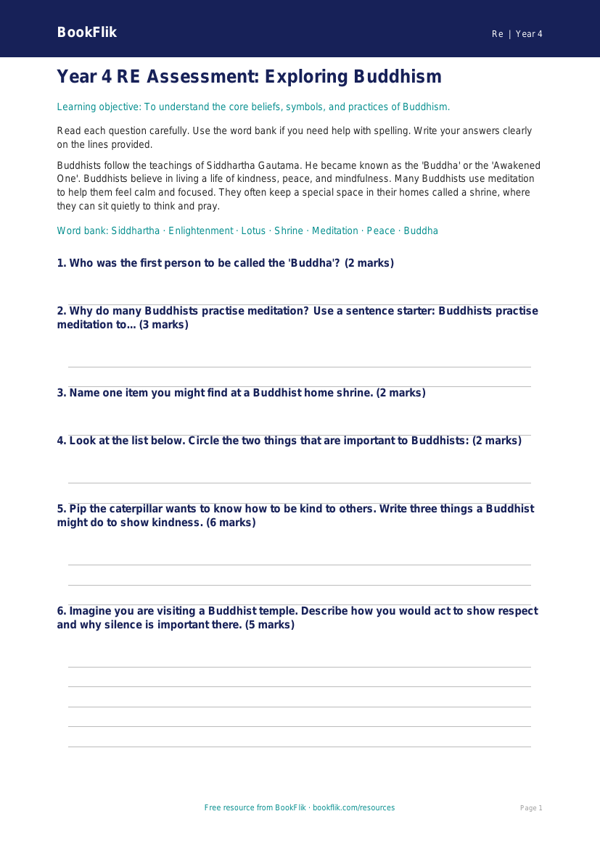 Free Buddhism Assessment | Year 4 Supported | BookFlik worksheet preview — Re Buddhism